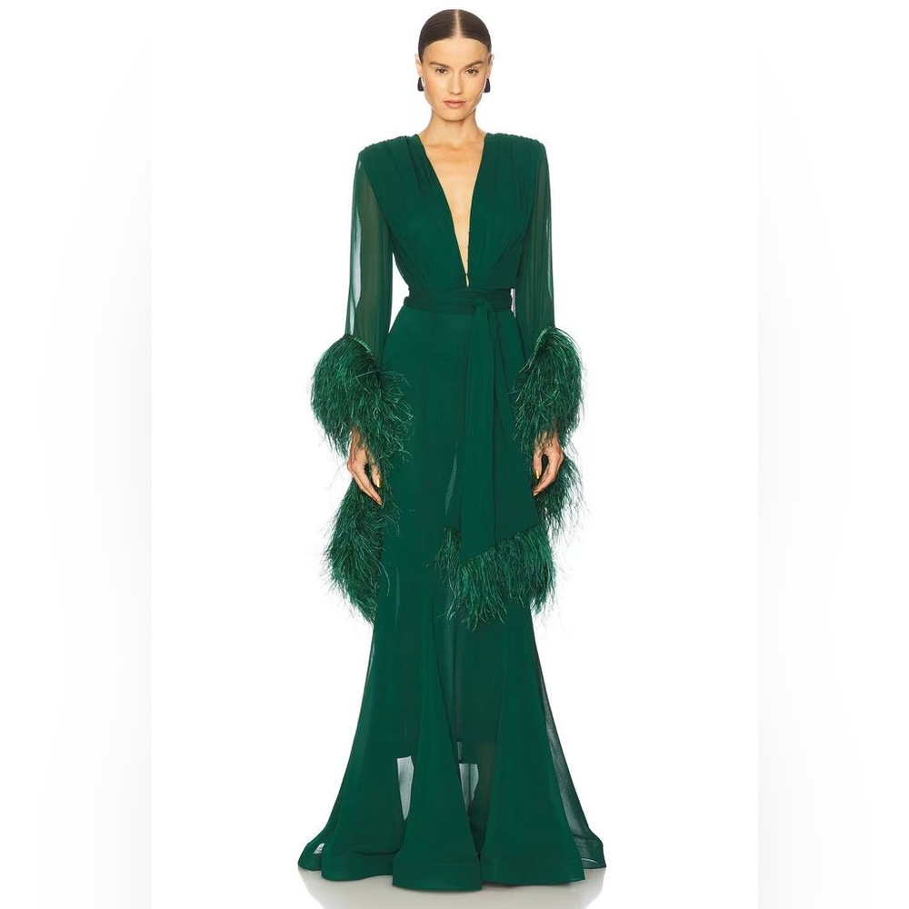Bronx & Banco DarkGreen Ostrich FeatherEmbellished Geisha Wrap MaxiDress XS NWOT
